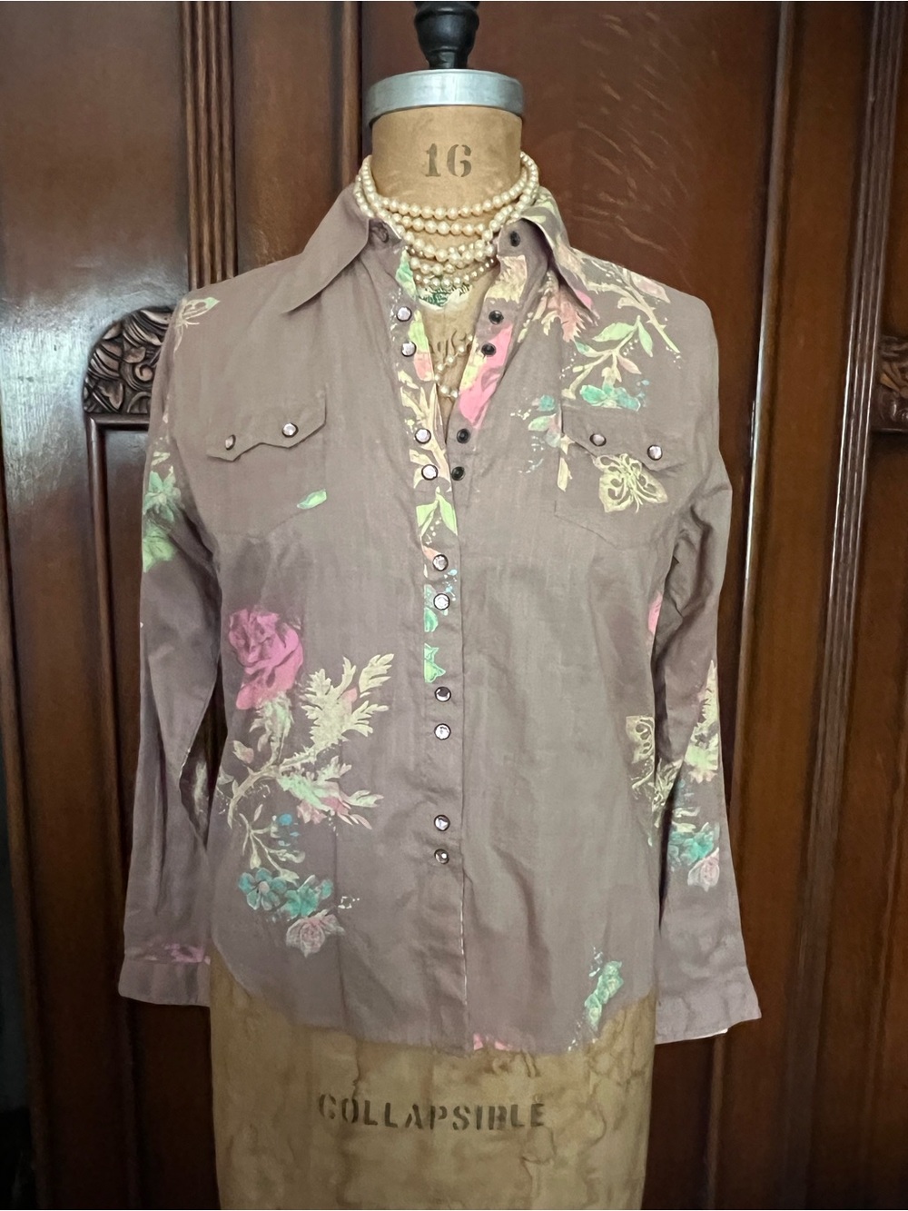 Women’s Taupe Floral Button-Down Shirt